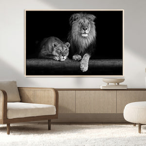 Large Black and White Lion Couple Wall Art Canvas Print –