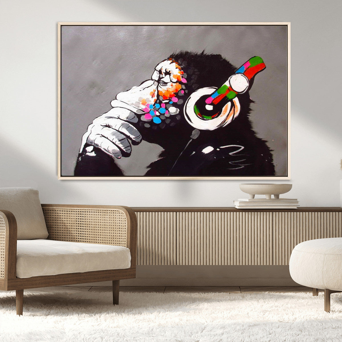 Dj Monkey Listening to Music Wall Art Print | Banksy Monkey