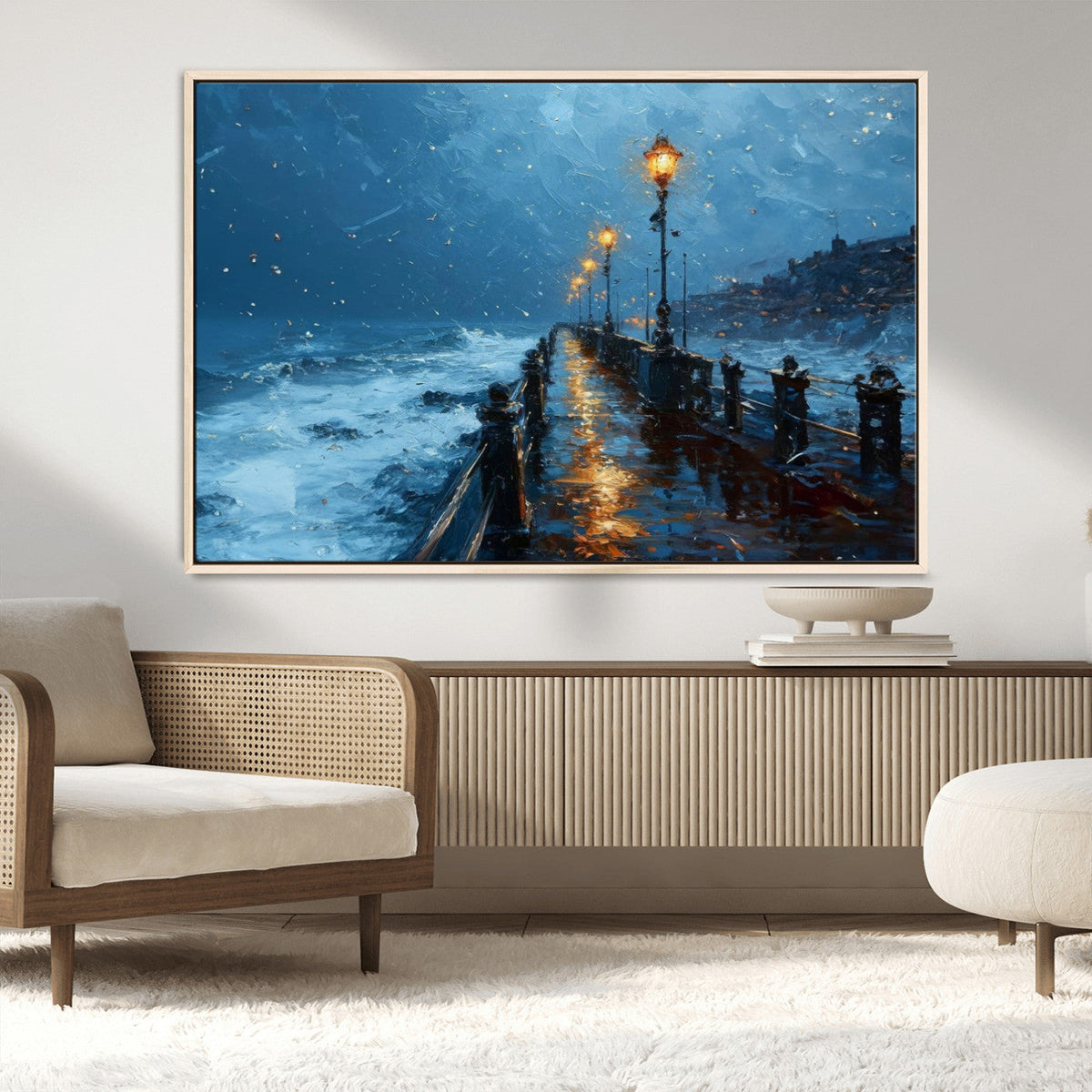 Stormy Night at Beach Pier Oil Painting Large Wall Art