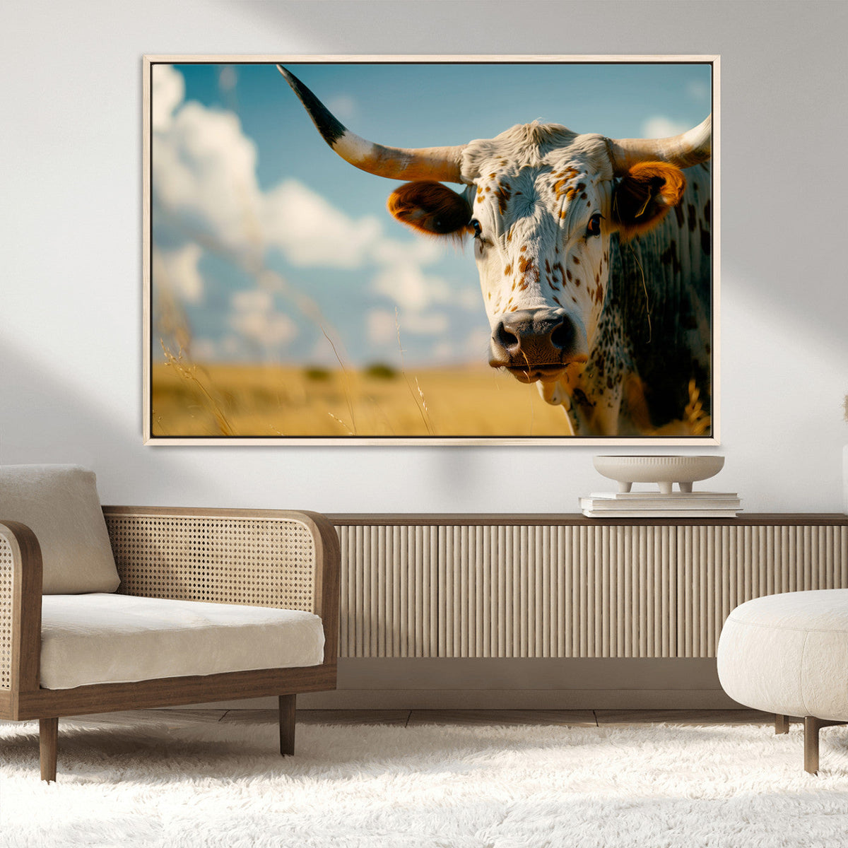 Longhorn in the Prairie - Stunning Ranch-Style Triptych Wall
