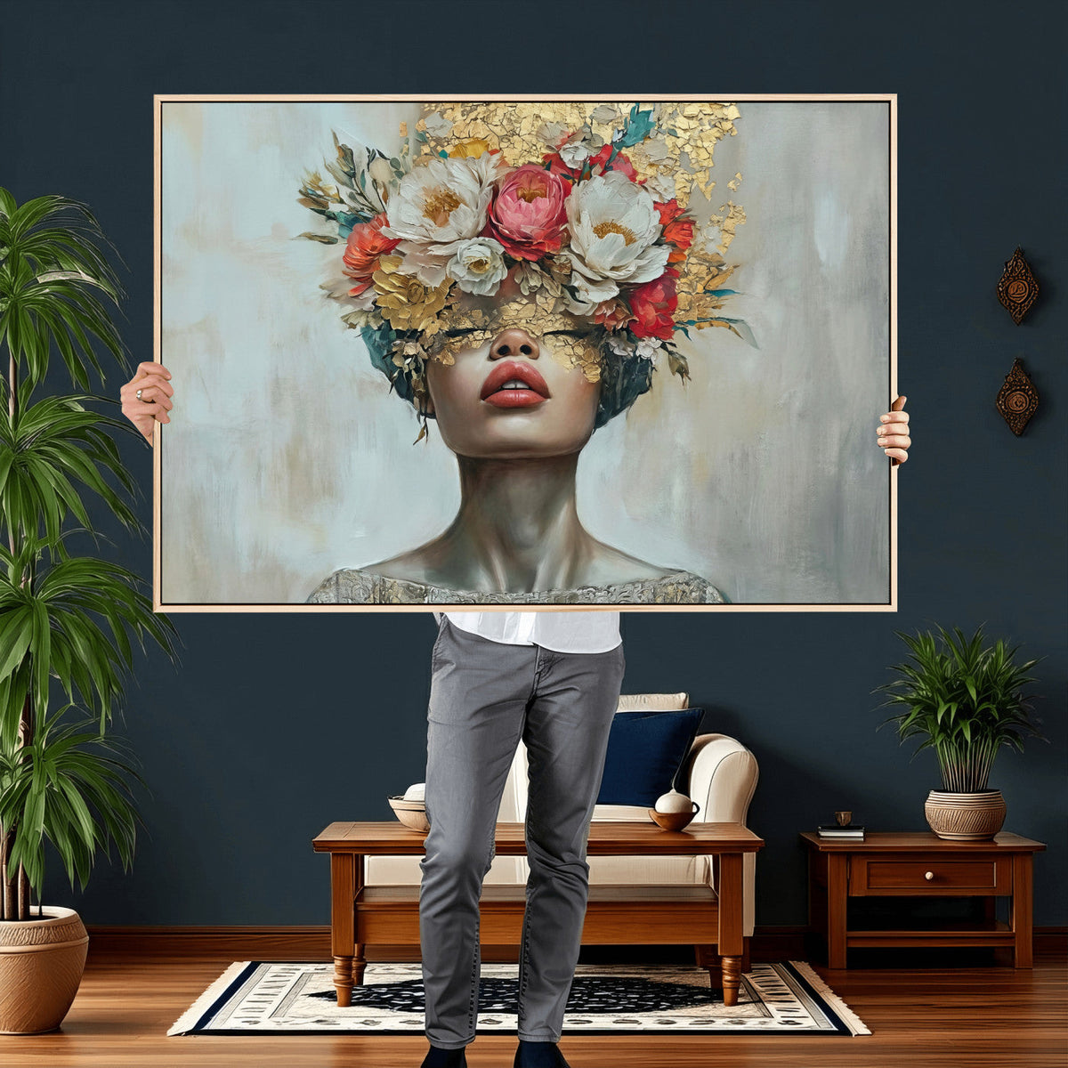 Golden Petal Wall Art Canvas Print - Silhouette Woman Wall