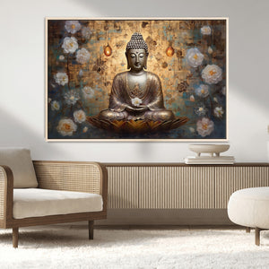 Golden Buddha Wall Art Canvas Print | Zen Meditation Floral