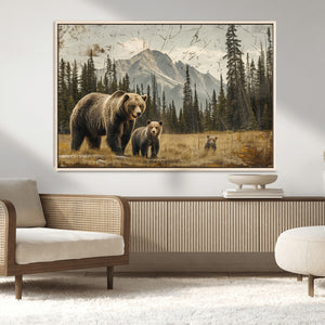 Rustic Grizzly 399 Bear Family Wall Art Canvas Print