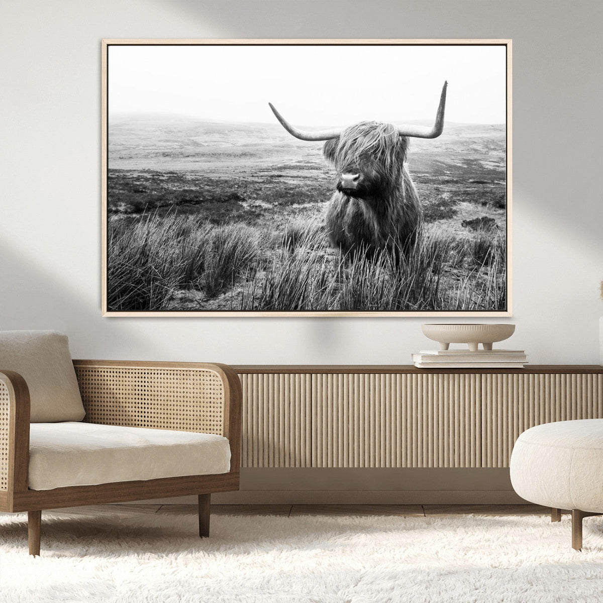 Scottish Highland Cow Wall Art | Black and White Canvas