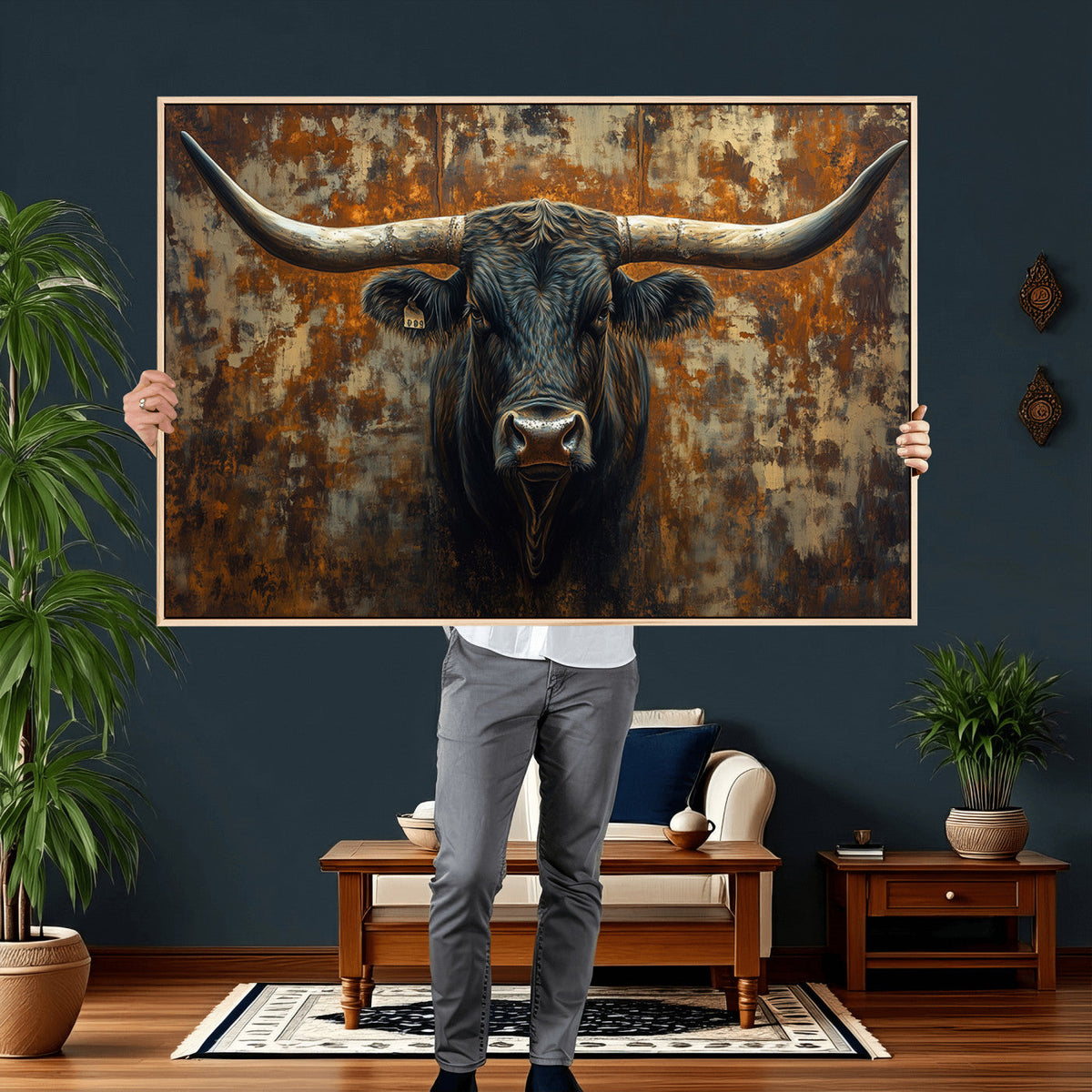 Longhorn Texas Cow Bull Wall Art | Rustic Farmhouse Canvas