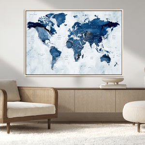 Modern Blue World Map Canvas Print – Framed Wall Art,