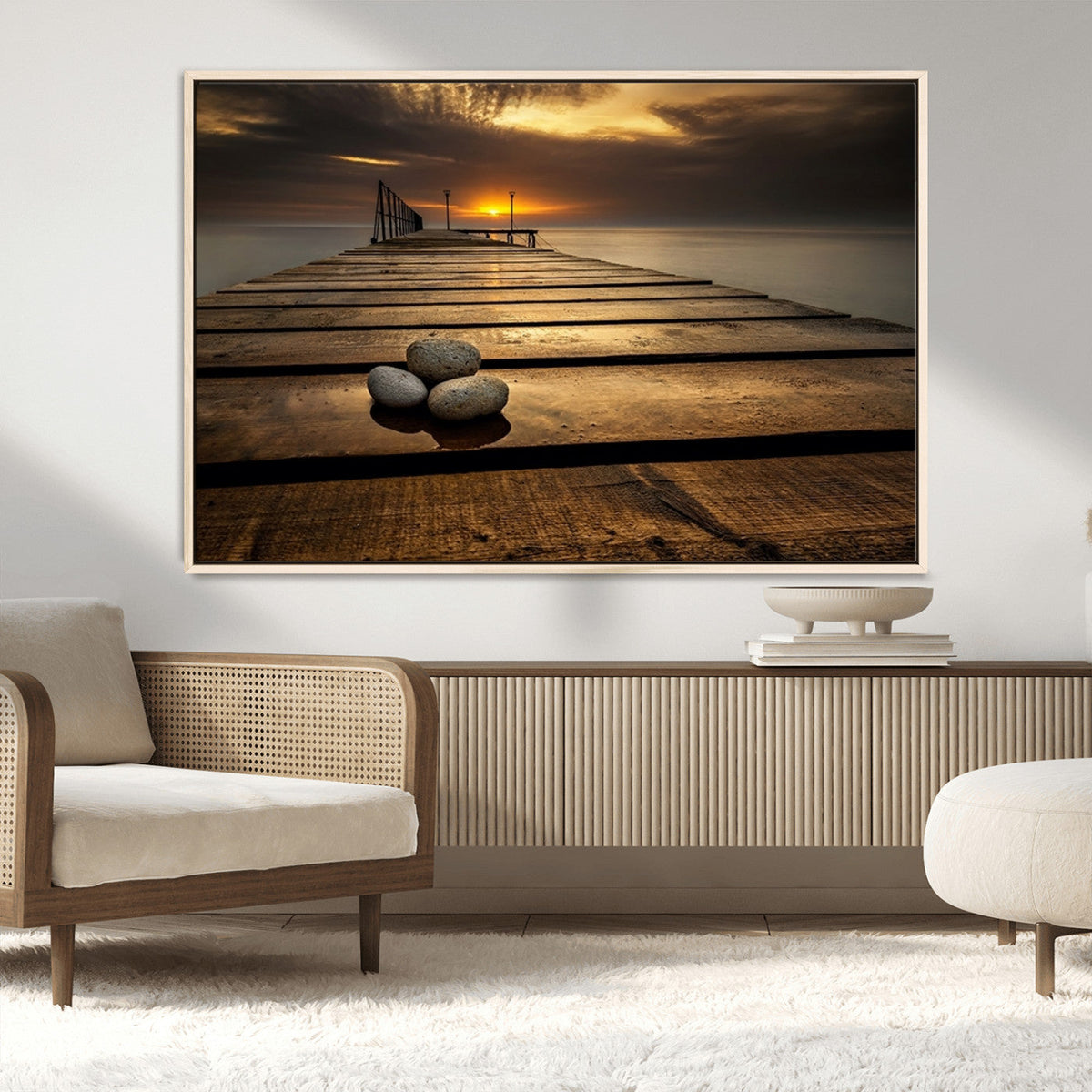 Stones on Wooden Pier at Sunset Canvas Print, Serene Coastal