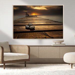 Stones on Wooden Pier at Sunset Canvas Print, Serene Coastal