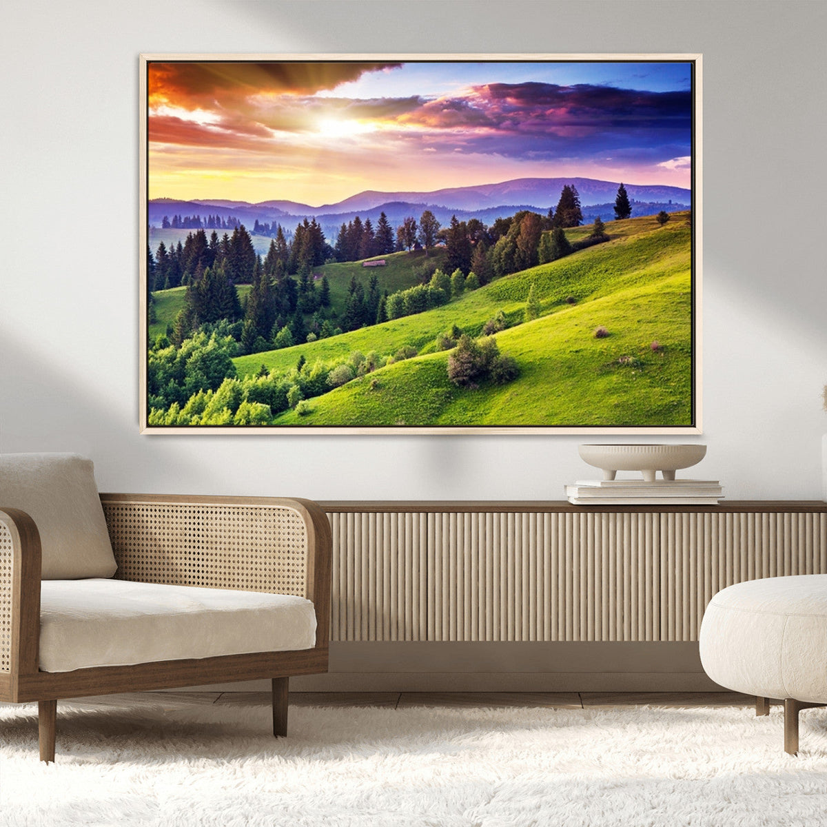 Green Hills and Sunset Wall Art Print - Scenic Landscape
