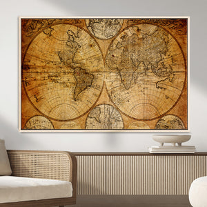 Vintage World Map Canvas Print – Antique Push Pin Travel