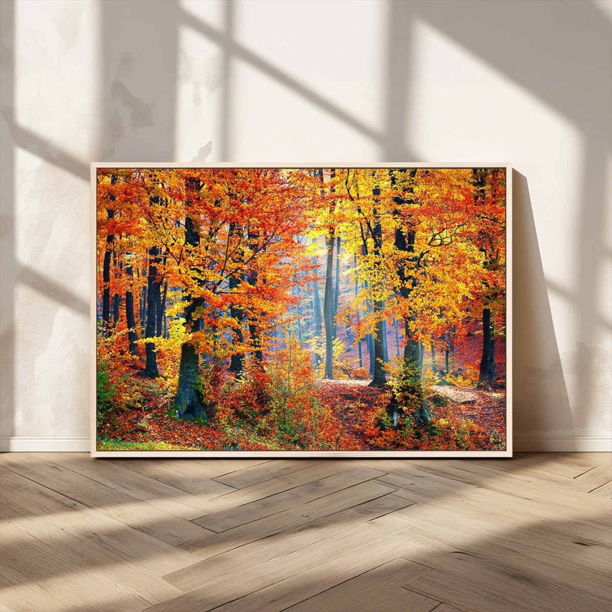 Autumn Red Forest Triptych Canvas Wall Art Print, Forest