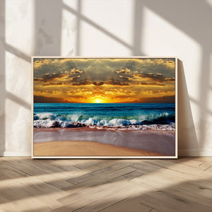 Ocean Sunrise Over Golden Beach Waves, Giclee Canvas Wall