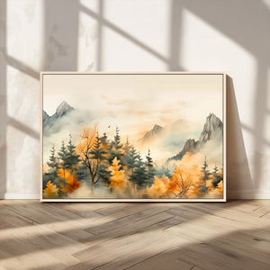 Abstract Watercolor Mountains and Trees Autumn Art,