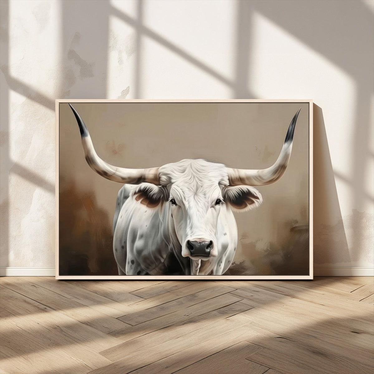White Longhorn Bull Wall Art Canvas Print – Framed and Ready