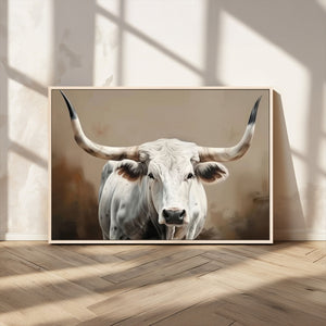 White Longhorn Bull Wall Art Canvas Print – Framed and Ready