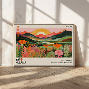 Framed Yayoi Kusama Print, Vibrant Floral Mountain Art
