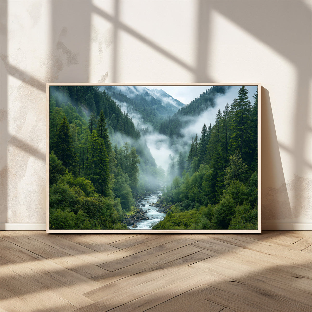 Mountain Forest River Canvas Wall Art Print - Serene Nature