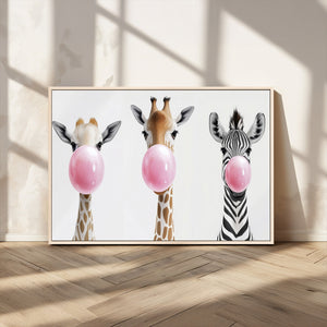 Bubblegum Animals Canvas Wall Art - Playful Giraffe and