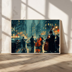 Urban Night Jazz Wall Art Canvas Print – Moody Rain-Soaked