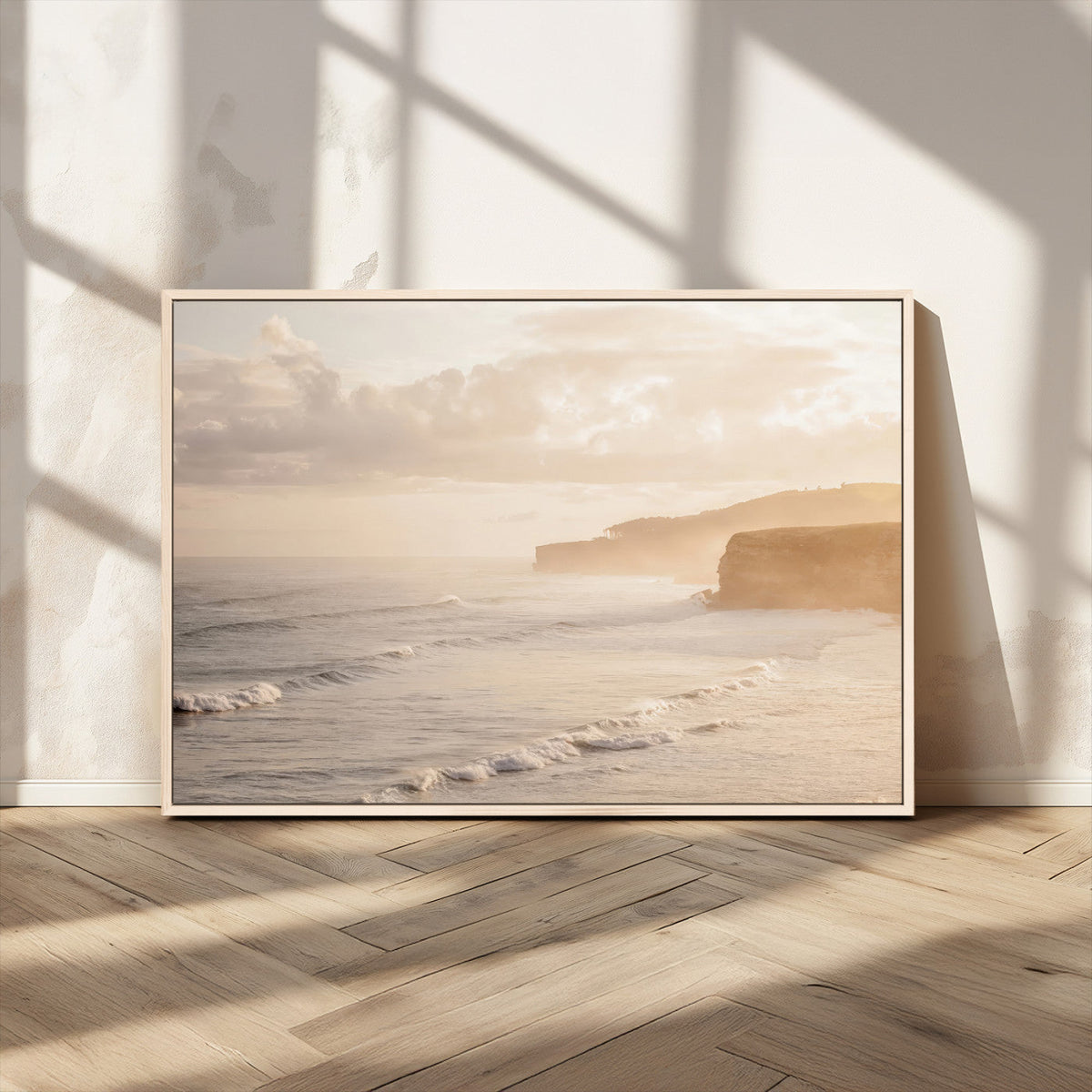 Misty Coastal Wall Art Canvas Print – Framed Golden Sunset