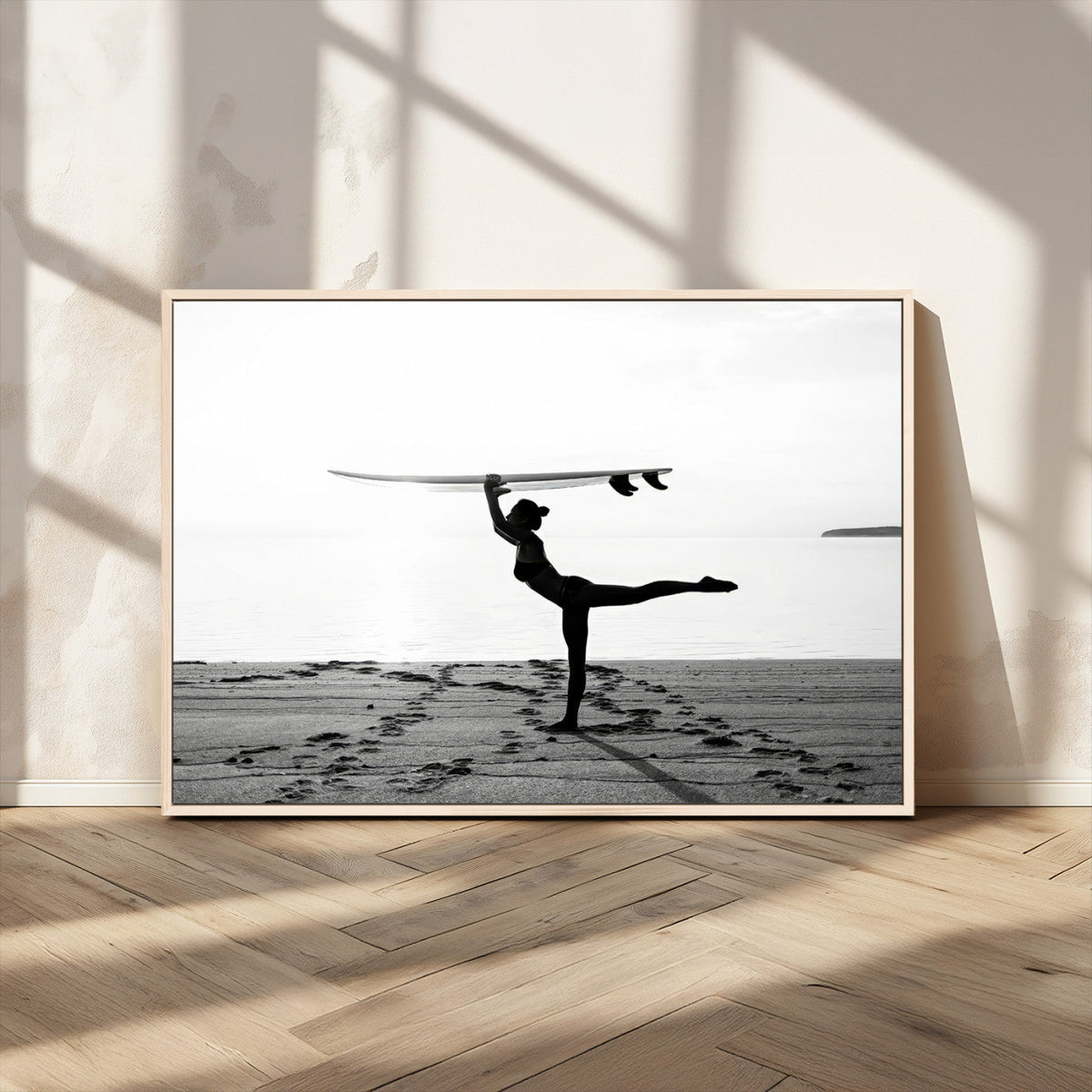 Yoga Surf Wall Art Canvas Print – Framed Black White Shore