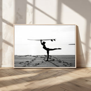 Yoga Surf Wall Art Canvas Print – Framed Black White Shore