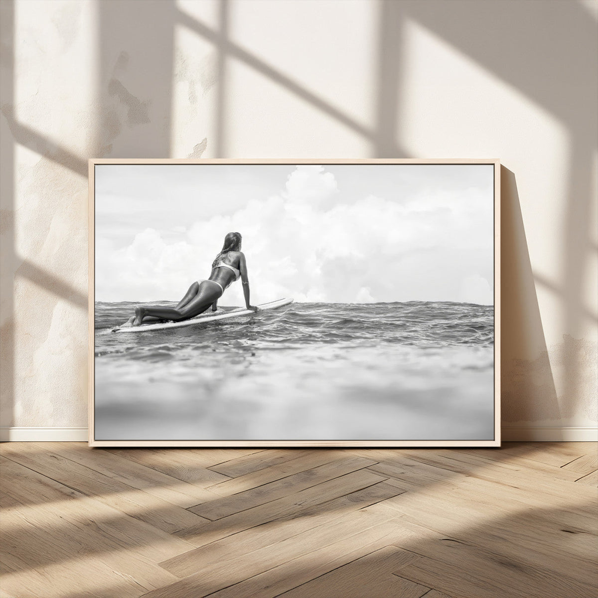 Black and White Surfing Wall Art Canvas Print – Framed Ocean
