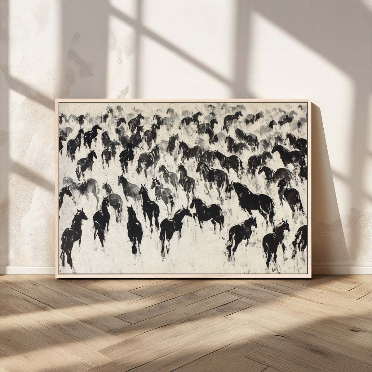 Wild Horse Stampede Wall Art Canvas Print – Monochrome