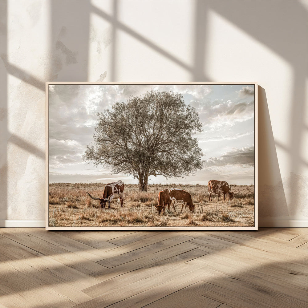 Texas Longhorn Cattle Wall Art, Rustic Western Ranch Canvas