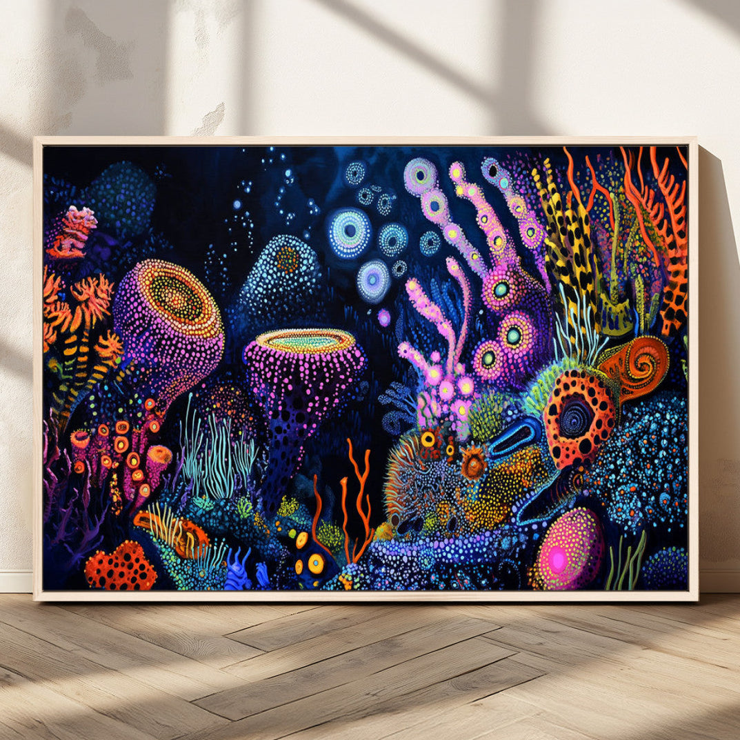 Vibrant Neon Coral Reef Wall Art Canvas Print, Colorful