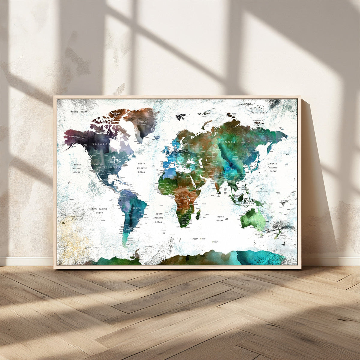 Modern Watercolor World Map Canvas Wall Art – Framed