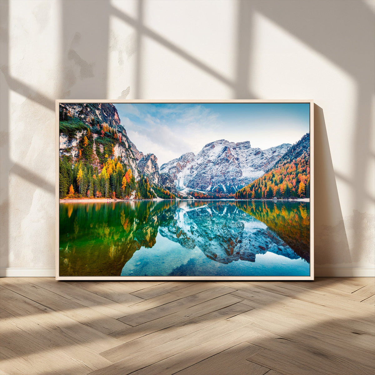 Spectacular autumn view of Braies Lake Wall Art Canvas Print