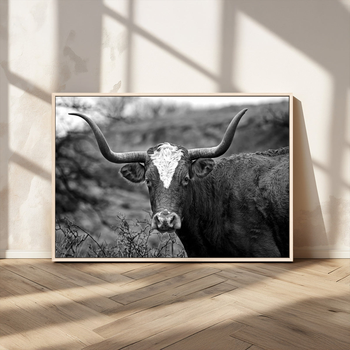 Western Home Wall Art Canvas Print, Framed Texas Longhorn
