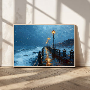 Stormy Night at Beach Pier Oil Painting Large Wall Art