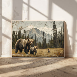 Rustic Grizzly 399 Bear Family Wall Art Canvas Print