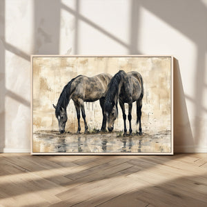 Chinese Style Abstract Black Horses Wall Art Canvas Print -