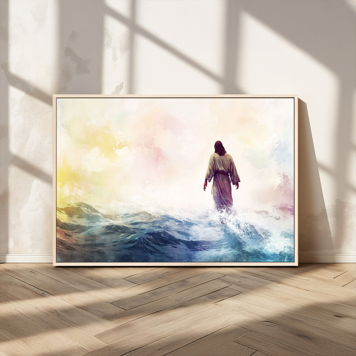 Watercolor Jesus Walking on Water Canvas Print, Christian