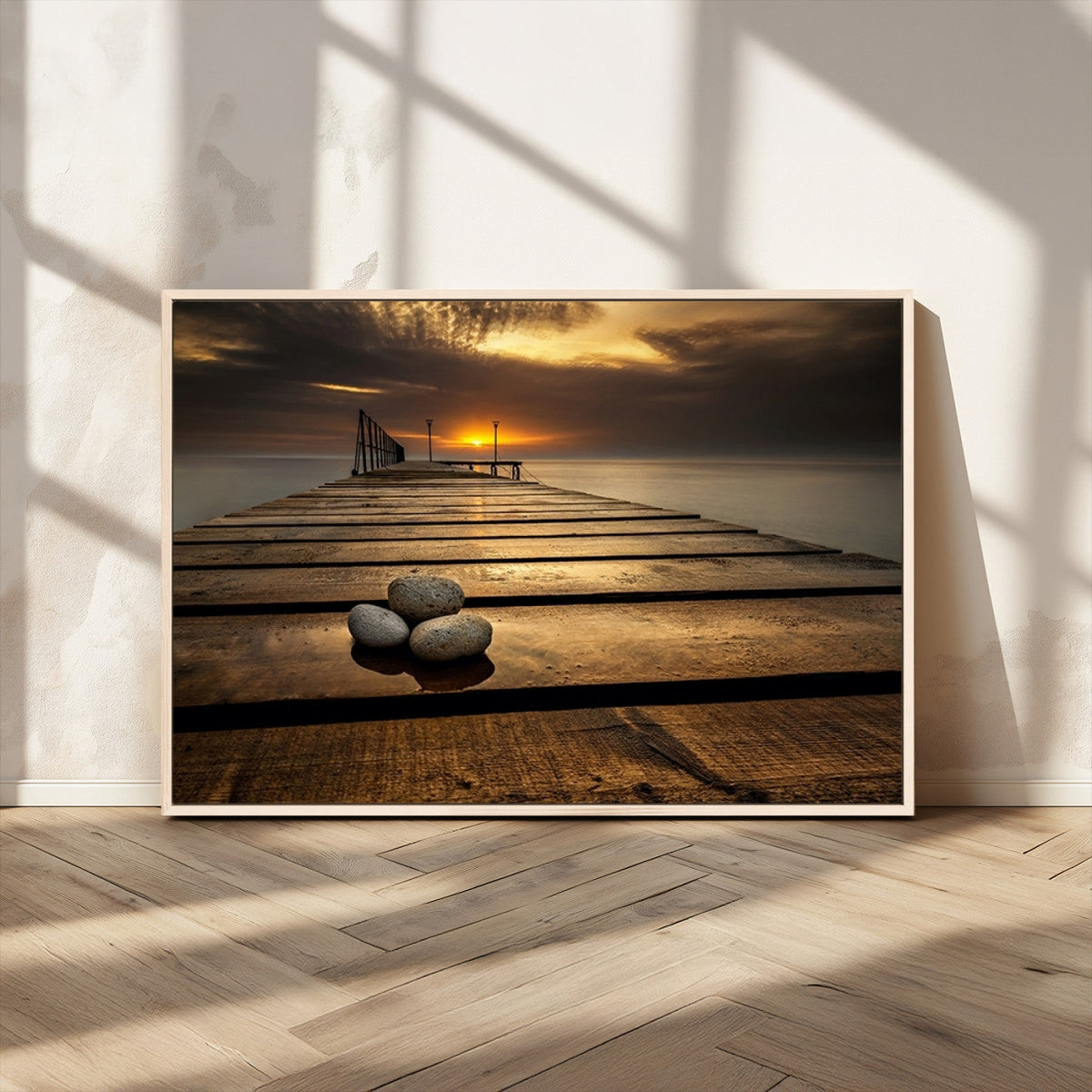 Stones on Wooden Pier at Sunset Canvas Print, Serene Coastal