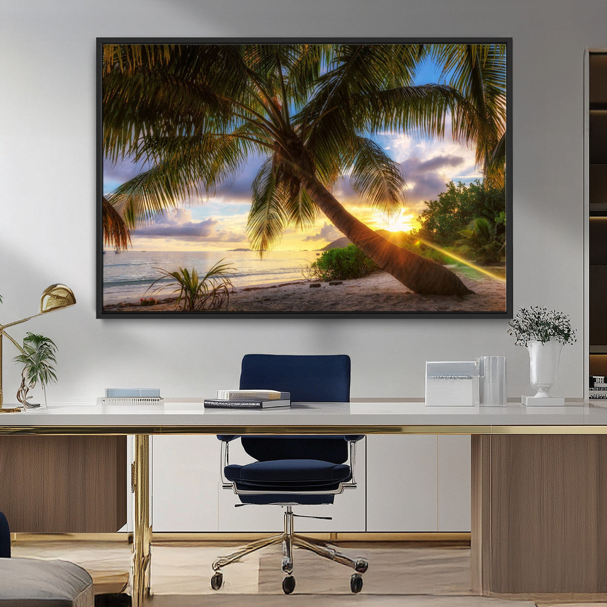 Tropical Island Sunset on the Beach Palms Wall Art Canvas
