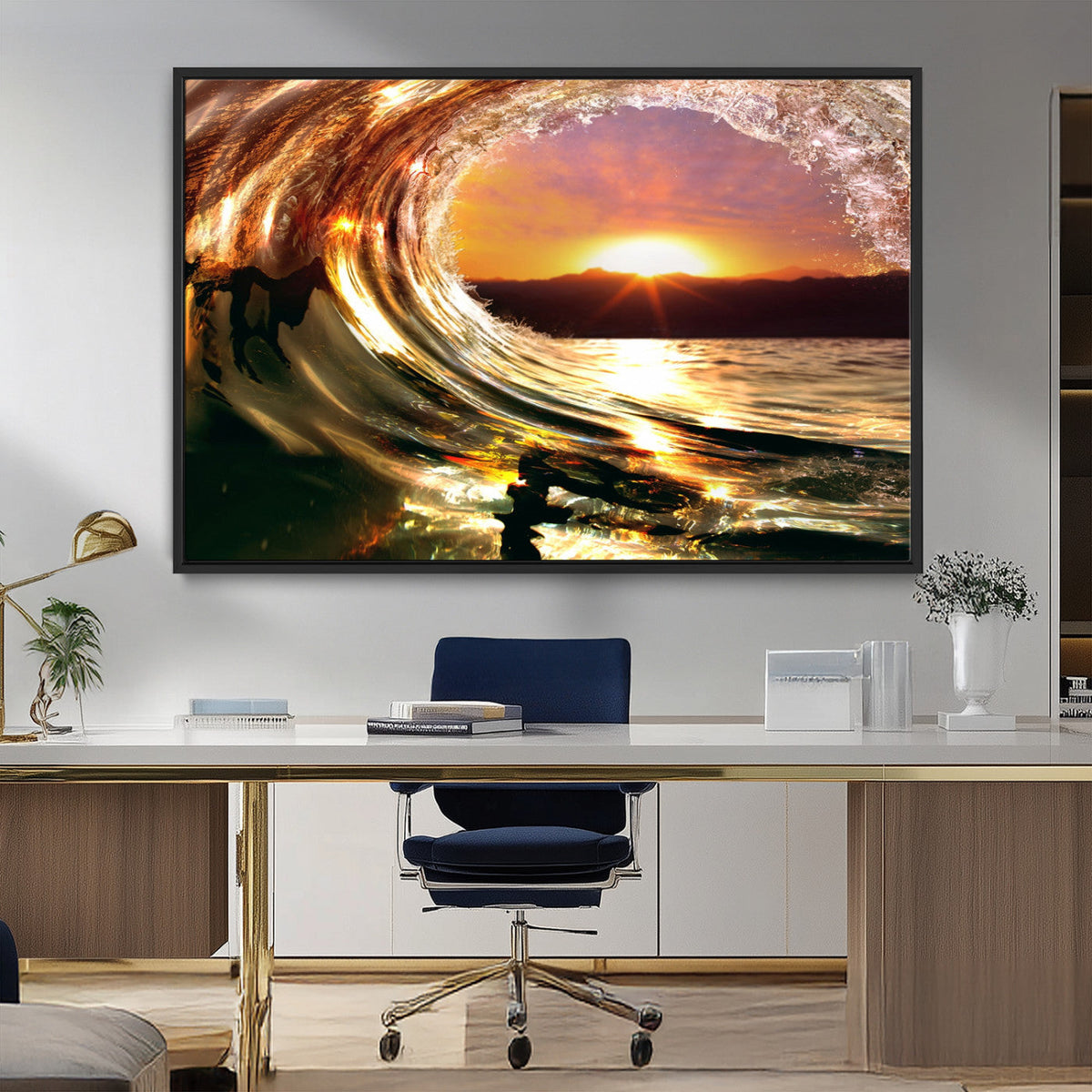 Golden Wave Sunset Triptych Canvas Art, Giclee Canvas Print