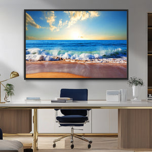 Tropical Beach Sunset Canvas Art, Ocean Waves and Sandy