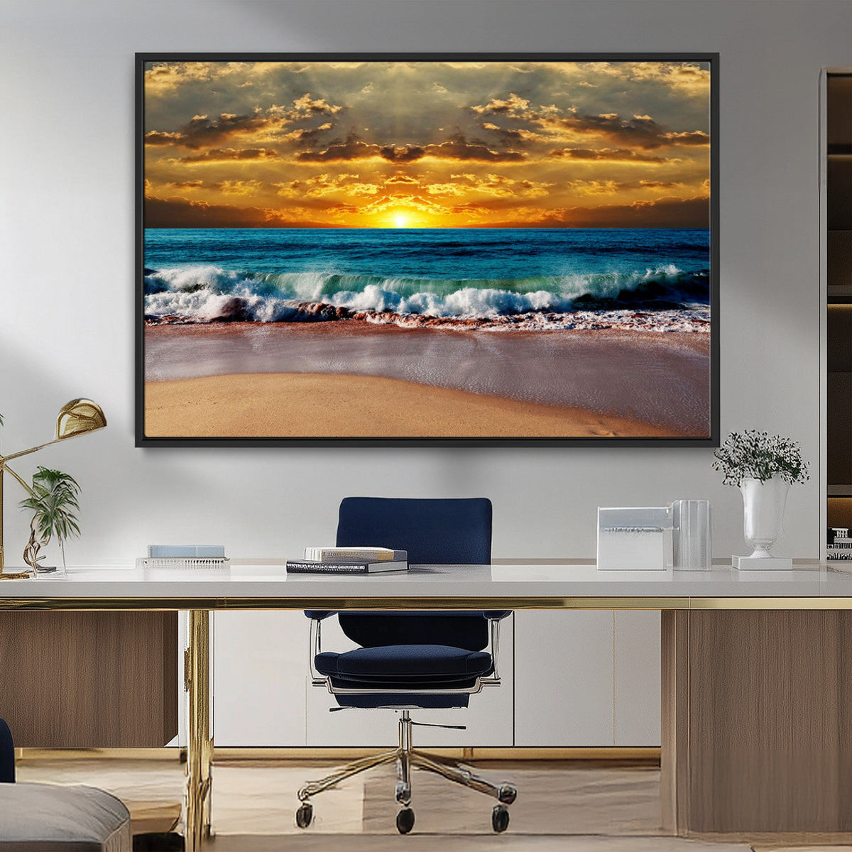 Ocean Sunrise Over Golden Beach Waves, Giclee Canvas Wall