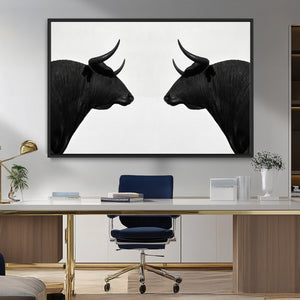 Spanish Bull Art - Framed Black and White Bull Canvas Print