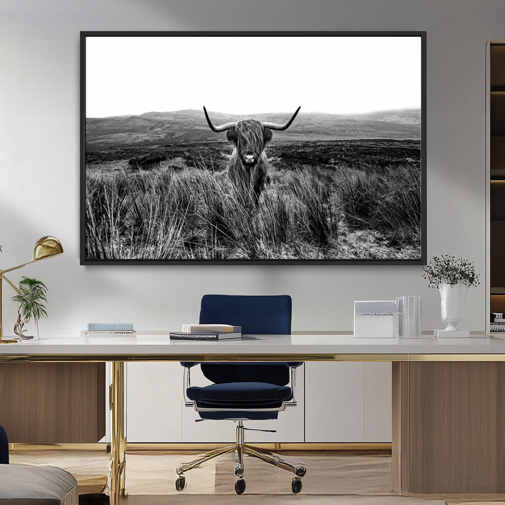 Black and White Highland Cow Canvas Wall Art, Longhorn