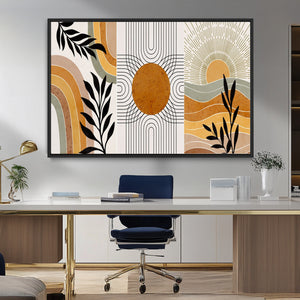 Modern Boho Sun and Leaf Abstract Art – 3-Panel Giclée