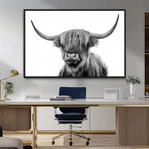 Grayscale Scottish Highland Cow Cattle Art Print Farmhouse