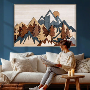 Rustic Abstract Wood Panel Effect Canvas Mountain Range Top