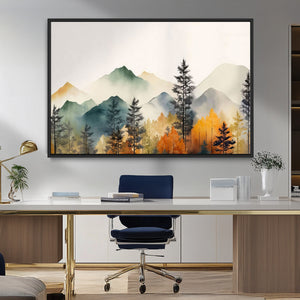 Abstract Watercolor Mountains and Trees Autumn Wall Art,