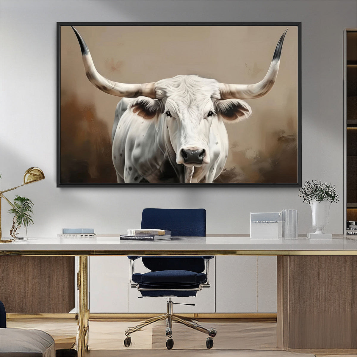 White Longhorn Bull Wall Art Canvas Print – Framed and Ready
