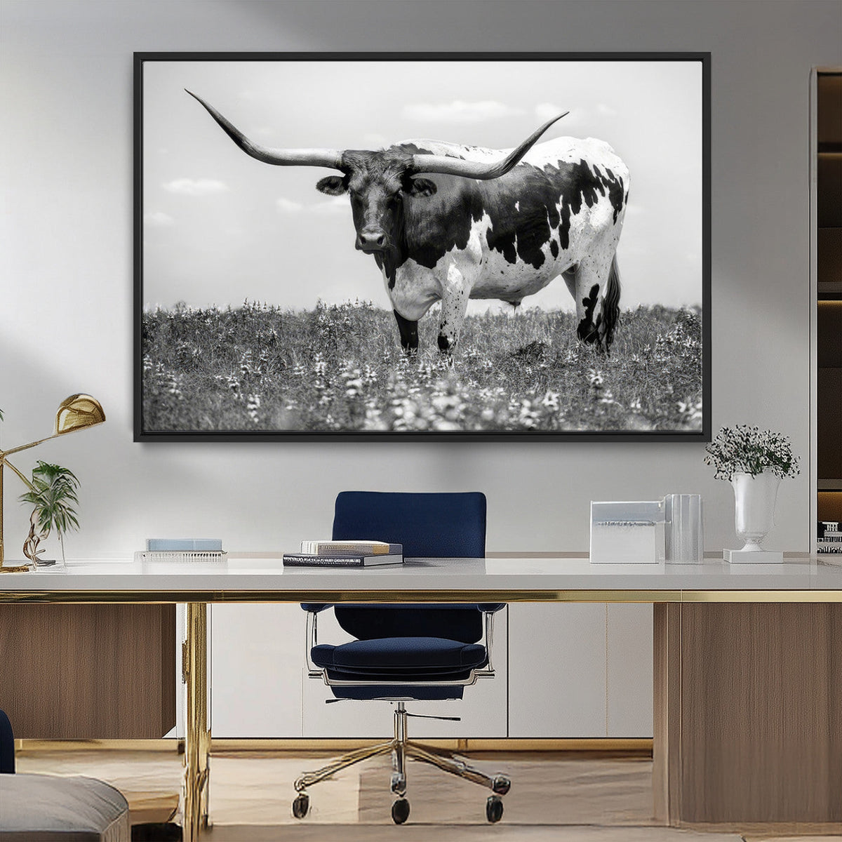 Texas Black White Highland Longhorn Cow Wall Art Canvas